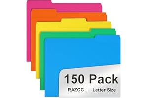 File Folder, RAZCC 150 Pack 1/3 Cut Tab Colored File Folders, File Folder Letter Size for Office Classroom Use, Assorted 5 Colors Folders with Tabs