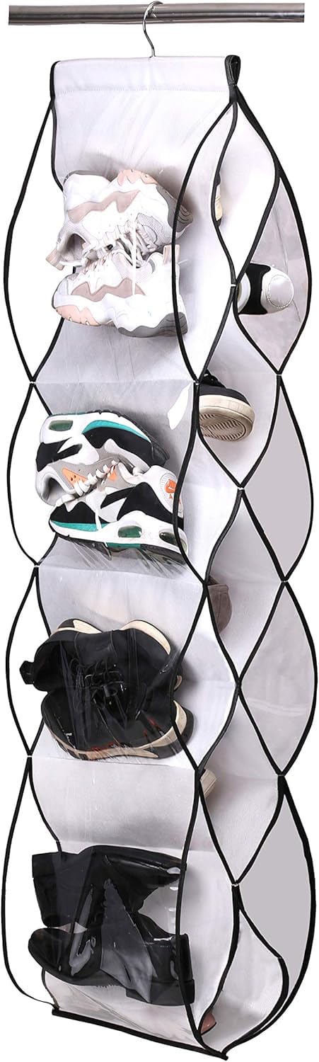 MISSLO Shoe Rack Storage Hanging Wardrobe Handbag Organiser Closet 13 Large Pockets Organizer for Shoe Tidy with Rotating Hanger, White