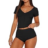 Lacozy Sexy Pajama Sets for Women 2 Piece V Neck Zip Up Short Sleeve Crop Top and Shorts Pj Set Y2k Summer Lounge Sets