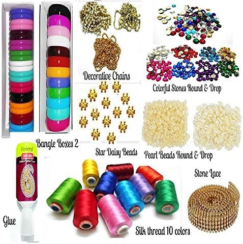 Gberry Silk Thread Bangles Making Kit, 2 Full Bangle Boxes, Full Box Silk Thread 10 Colors,Decorative Chains & All Materials - Bangle Size 2.6