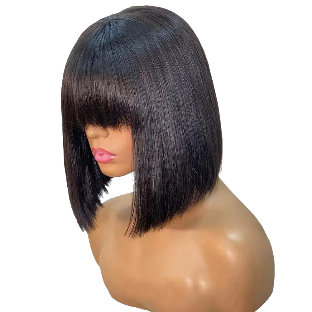 12 inch Short Bob Wigs Human Hair with Fringe 180% Density Bob Glueless for Women Upgraded 2x1Top Lace 100% Brazilian Virgin Human Hair Wigs with Bang
