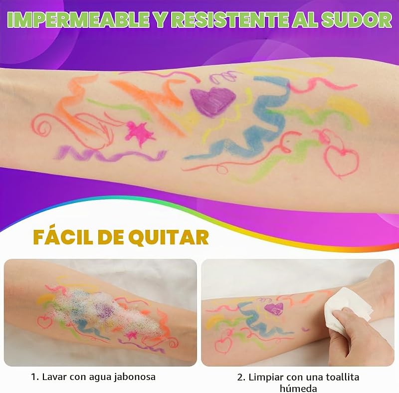 Pintacaras Infantil, 12 Colores UV Fluorescente Pintura Cara Niños Hipoalergenica, Pintura de Cara de Neón Brillante UV, Rotuladores Corporales para Piel Punta Individual para Halloween Carnaval — foto 6 de 8