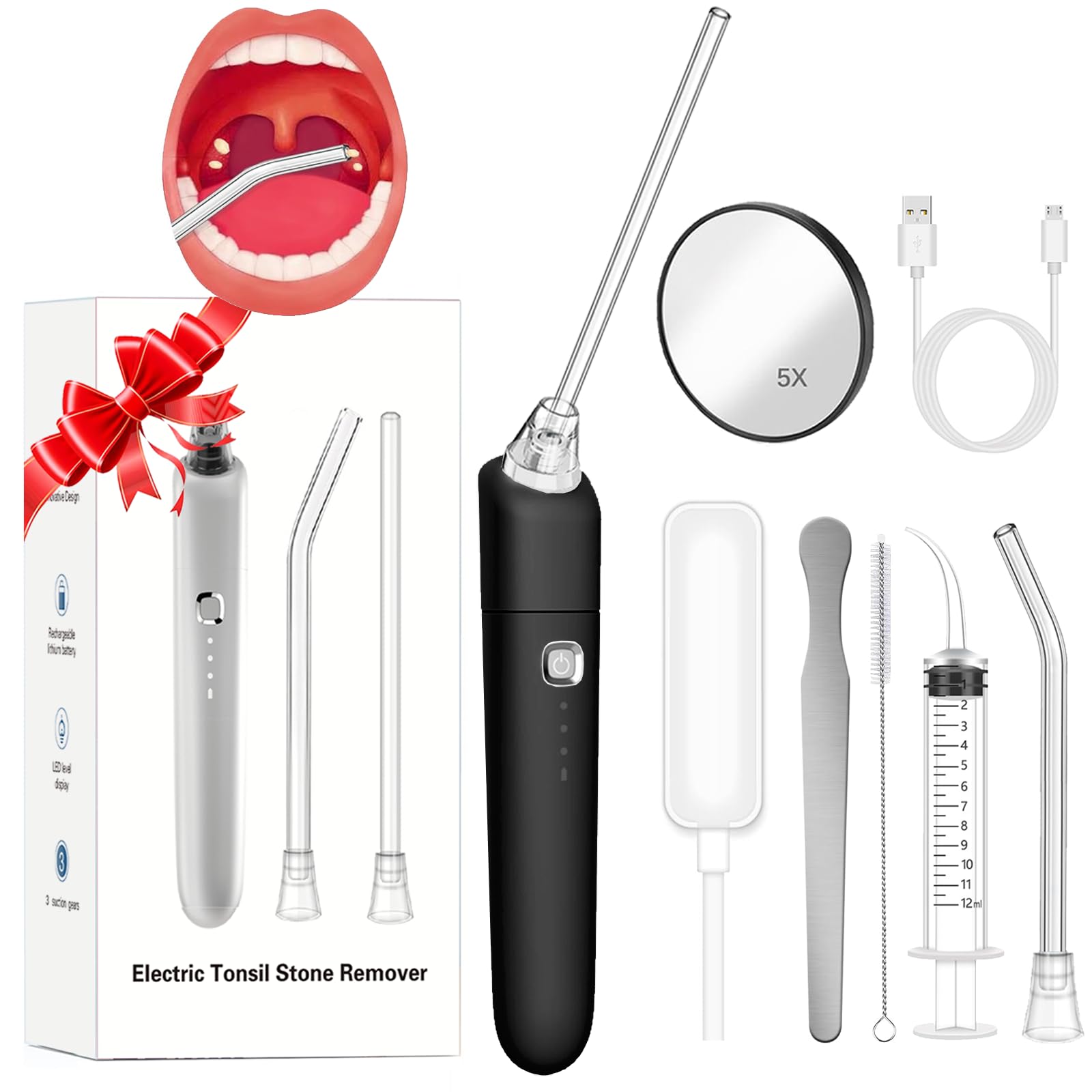 Electronic Tonsil Stone Remover - 9PCS Tonsil Stone Removal Kit Vacuum with Oral lamp, Irrigation Syringe, 5X Magnifying Mirror, 3 Suction Modes for Effective Tonsillolith Removal (Black)