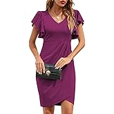 IHOT Women's V Neck Ruffle Sleeve Bodycon Sheath Wrap Ruched Casual Cocktail Party Work Dresses