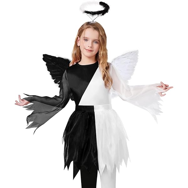 Halloween Cosplay Costume Girls Fallen Angel Halloween Costume Dress With Black Feather Wings & Halo Headdress Halloween Cosplay Costume Girls Fallen Angel Halloween Costume Dress With Black Feather Wings & Halo Headdress