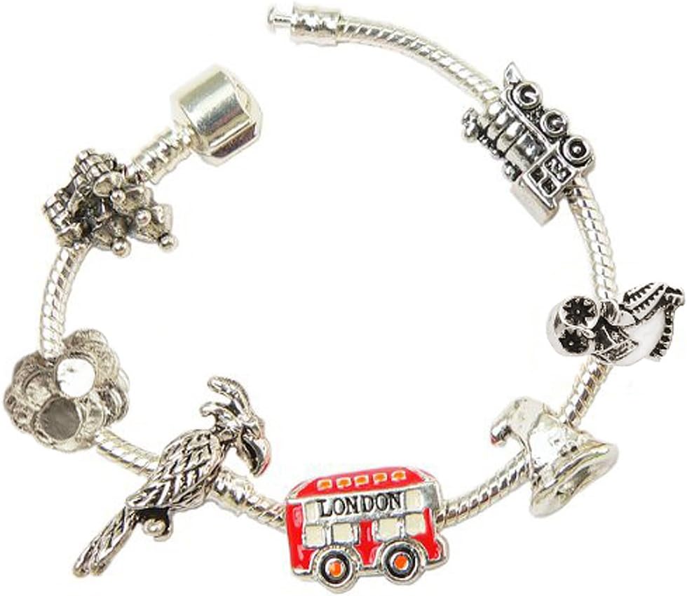 Windsor Sterling Harry Potter Inspired Charm Bracelet (Size 7.5) - London Bus Charm, Sorting Hat Charm, Phoenix Charm, Silver Plated Coins Charm, Castle Charm, Owl Charm, Train Charm