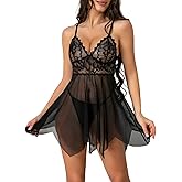 CRIPOM Lingerie for Women Lace Babydoll Asymmetrical Hem Sexy Chemise Sheer Sleepwear S-XXL