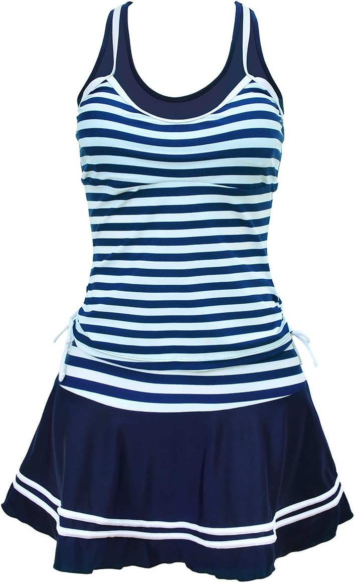Landcity Swimsuits Two Piece Set Women Tankini Blue Striped Nylon Backless Hot Spring Skirt Bathing Suits