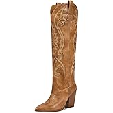 ISNOM Womens Cowboy Knee High Boots Cowgirl Boots Western Boots with Embroidered Pointed Toe Chunky Heel Slip on Retro Tall Boots