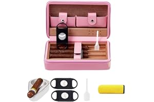 WANTHER Cigar Humidors, Portable Humidor for Travel and Valentine's Day Presents, Cedar Wood Brown Leather Cigar Accessories with 4 Set（Cigar Cutter*2, Ashtray, Towel）
