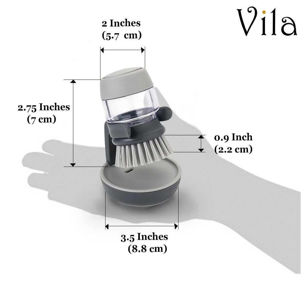 Soap Dispensing Palm Brush by Vila – Tough on Scrubbing Grease Away - Keeps Your Kitchen Counter Tidy - Makes Dishwashing an Enjoyable, Relaxing Chore - Comfortable & Stress-Free dishwashing