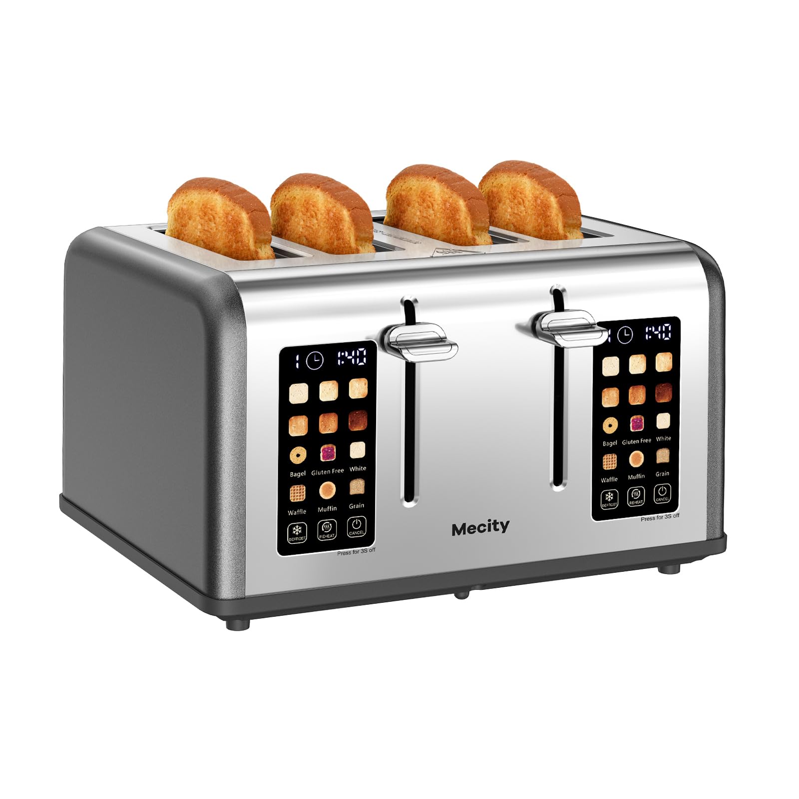 Mecity Tostadora de 4 Rebanadas con Control de Pantalla Táctil, 4 Ranuras Anchas, Tostadora de Pan Inteligente de Acero Inoxidable para Bagels, Muffins, Waffles, Panel de Control Dual, Temporizador, Descongelar, Recalentar, 120V 1650W, Gris Perla