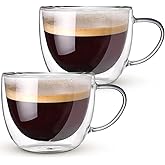 Double Walled Glass Coffee Mugs Set of 2, 8 oz Hand Blown Insulated mugs with Handle, Clear Coffee Mugs for Cappuccino, Latte, Espresso, Americano, Tea Bag, Beverage Glasses Heat Resistant Coffee Cups