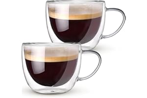 Hlukana Double Walled Glass Coffee Mugs Set of 2, 8 oz Insulated Coffee Mugs with Handle, Clear Coffee Mugs for Cappuccino, Latte, Americano, Tea Bag, Beverage Glasses Heat Resistant Coffee Cups