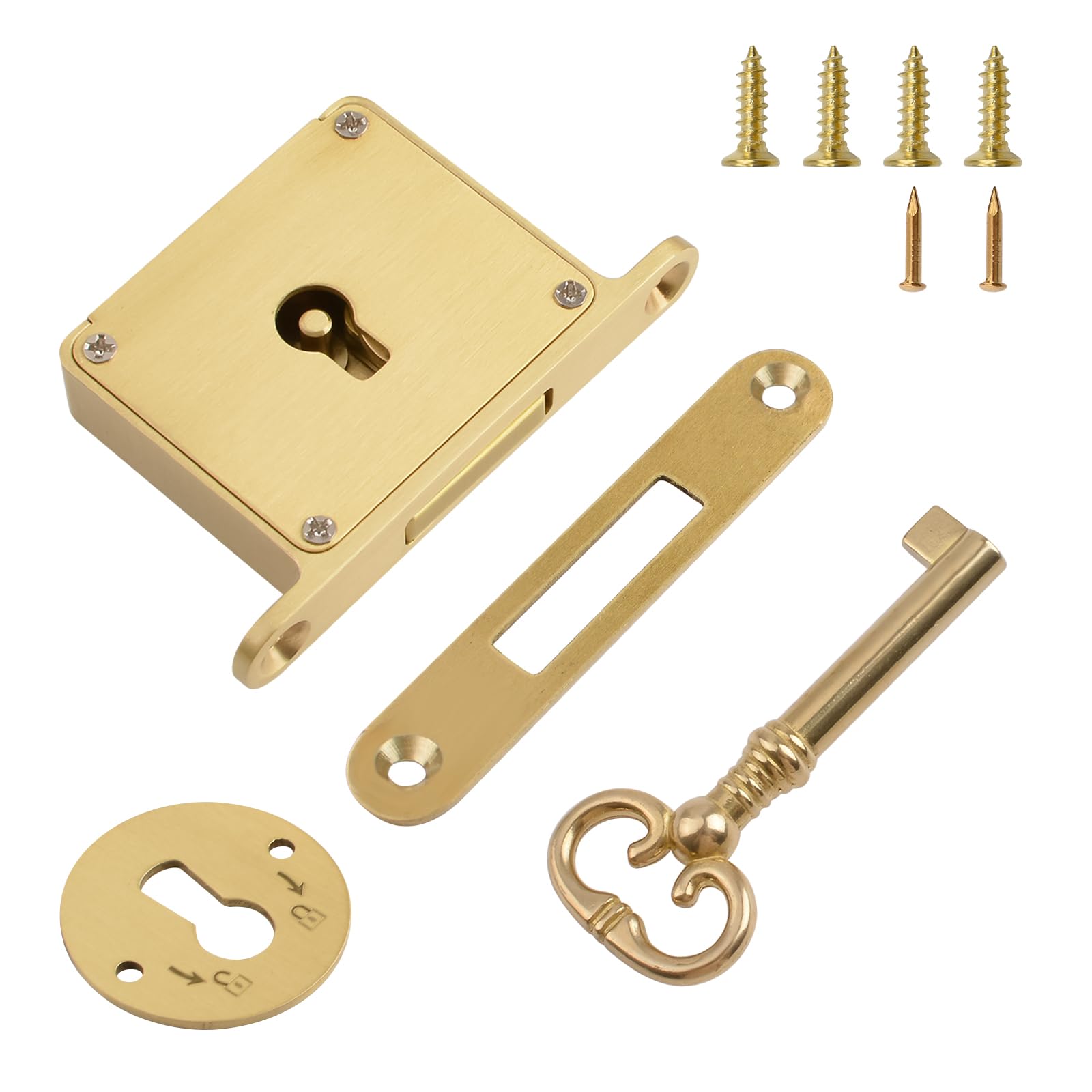 UFURMATE Vintage Matte Brushed Golden Cabinet Lock Set with Key - Retro Desk Drawer Spring Decorative Antique Brass Lock for Cupboard, Jewelry Boxes (Center Keyhole)
