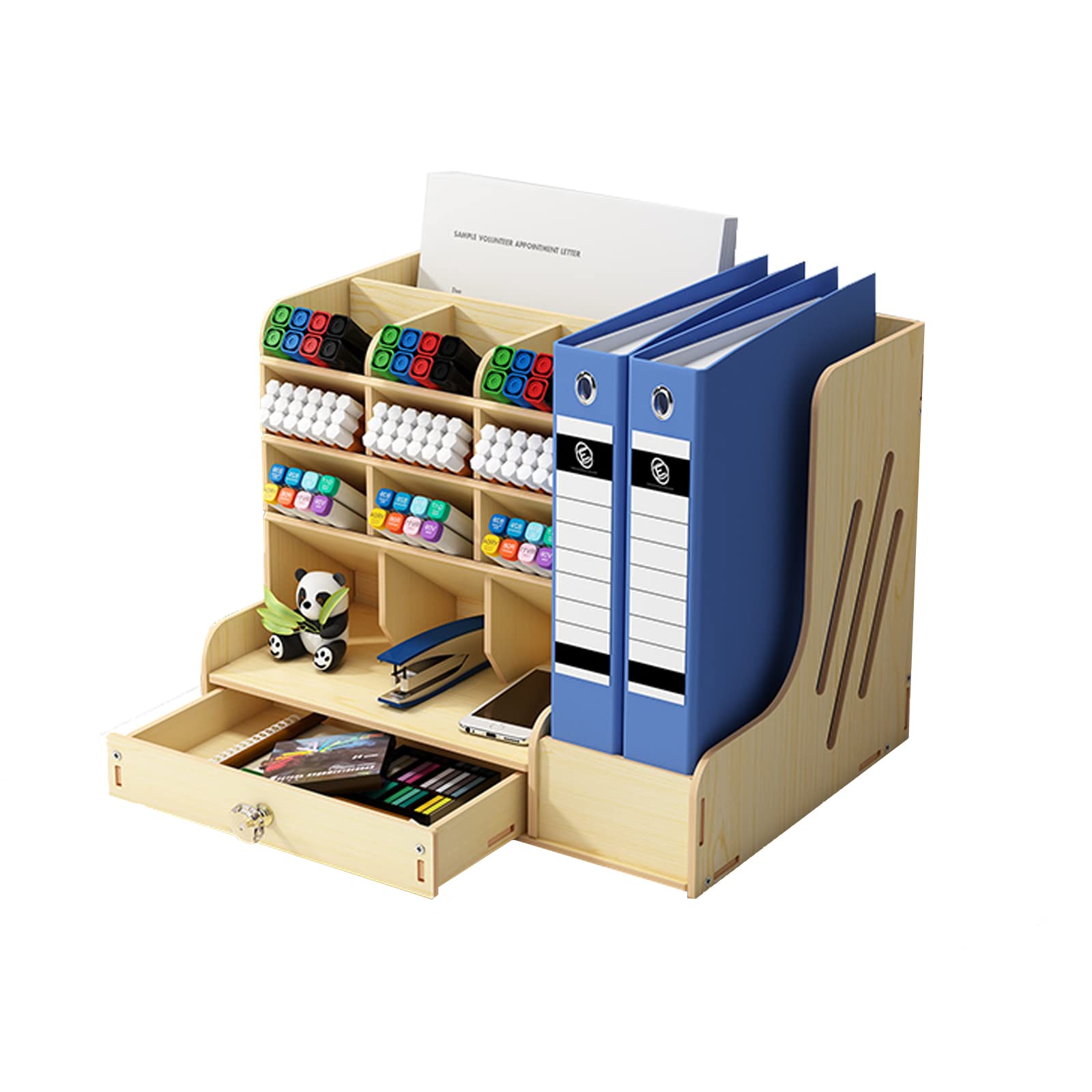 Desk Organizer,Desk Storage Box Wooden Multi-Function Drawer Desk Storage Box Stationery Storage Pen Holder For Office, School And Home (Large-White)