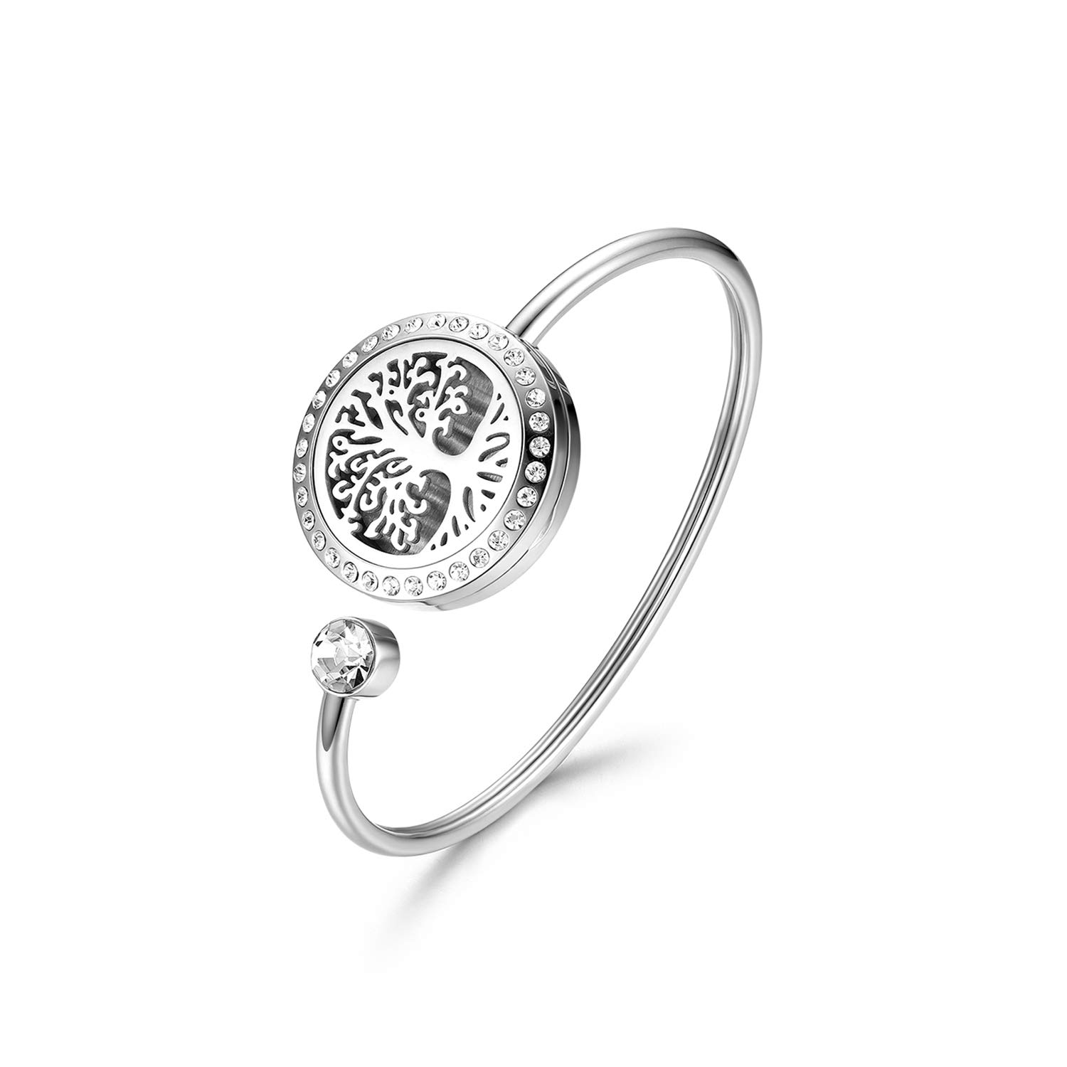 Cupimatch Adjustable Essential Oil Diffuser Bracelet, Stainless Steel CZ Aromatherapy Locket Bangle 8 Color Pads Jewelry Set for Women Girl Gifts (Tree)