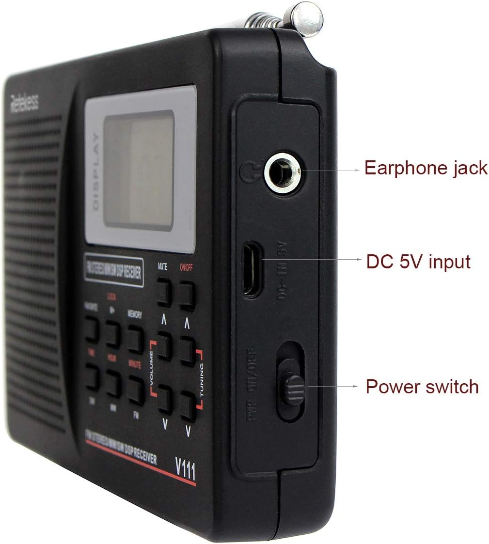Retekess V111 Portable AM FM Shortwave Radio Alarm Clock Battery Operated AA Battery with Earphones Jack Sleep Timer for Travel(Black): Electronics