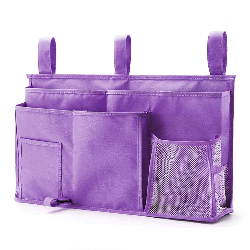 PACOLO Caddy Hanging Organizer Bedside Storage Bag, 600D Oxford Cloth with Hook&Loop for Bunk and Hospital Beds,Dorm Rooms Bed Rails(8 Pockets) (Purple)