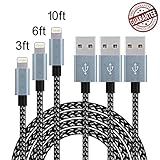3Pcs 3FT 6FT 10FT Nylon Braided 8-Pin Lightning to USB Cable Cord with Aluminum Heads for iPhone 7/7 Plus/ 6/ 6 Plus/ 6s/ 6s Plus /5/5s/SE, iPad 4 Mini Air iPod Nano 7 iPod Touch 5 (Black+Gray)