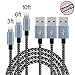 3Pcs 3FT 6FT 10FT Nylon Braided 8-Pin Lightning to USB Cable Cord with Aluminum Heads for iPhone 7/7 Plus/ 6/ 6 Plus/ 6s/ 6s Plus /5/5s/SE, iPad 4 Mini Air iPod Nano 7 iPod Touch 5 (Black+Gray)