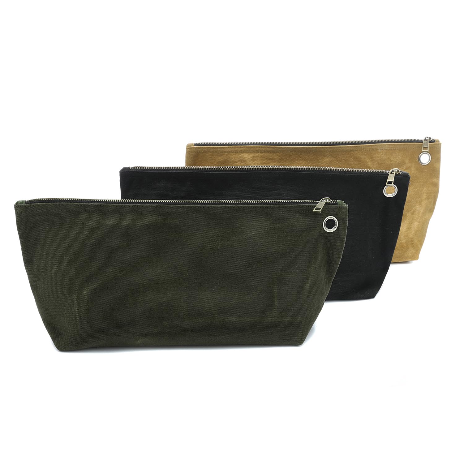 Canvas Tool Pouch Set, 16OZ Waxed Canvas Tool Storage, Standable One-Piece Tool Organization Pouch - 3 Color Pouches with Brass Zipper & Grommet - Large - 39x19cm