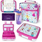 Bento Box, Lunch Bag, Ice Pack Water Bottle Set for Kids - 5 Compartments, Removable Tray, Lunches or Snack Container Girls Toddlers Daycare Pre-School, Kindergarten Pink Purple Fairy Princess