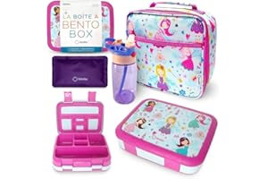 KINSHO Bento Box, Lunch Bag, Ice Pack Water Bottle Set for Kids - 5 Compartments, Removable Tray, Lunches or Snack Container Girls Toddlers Daycare Pre-School, Kindergarten Pink Purple Fairy Princess