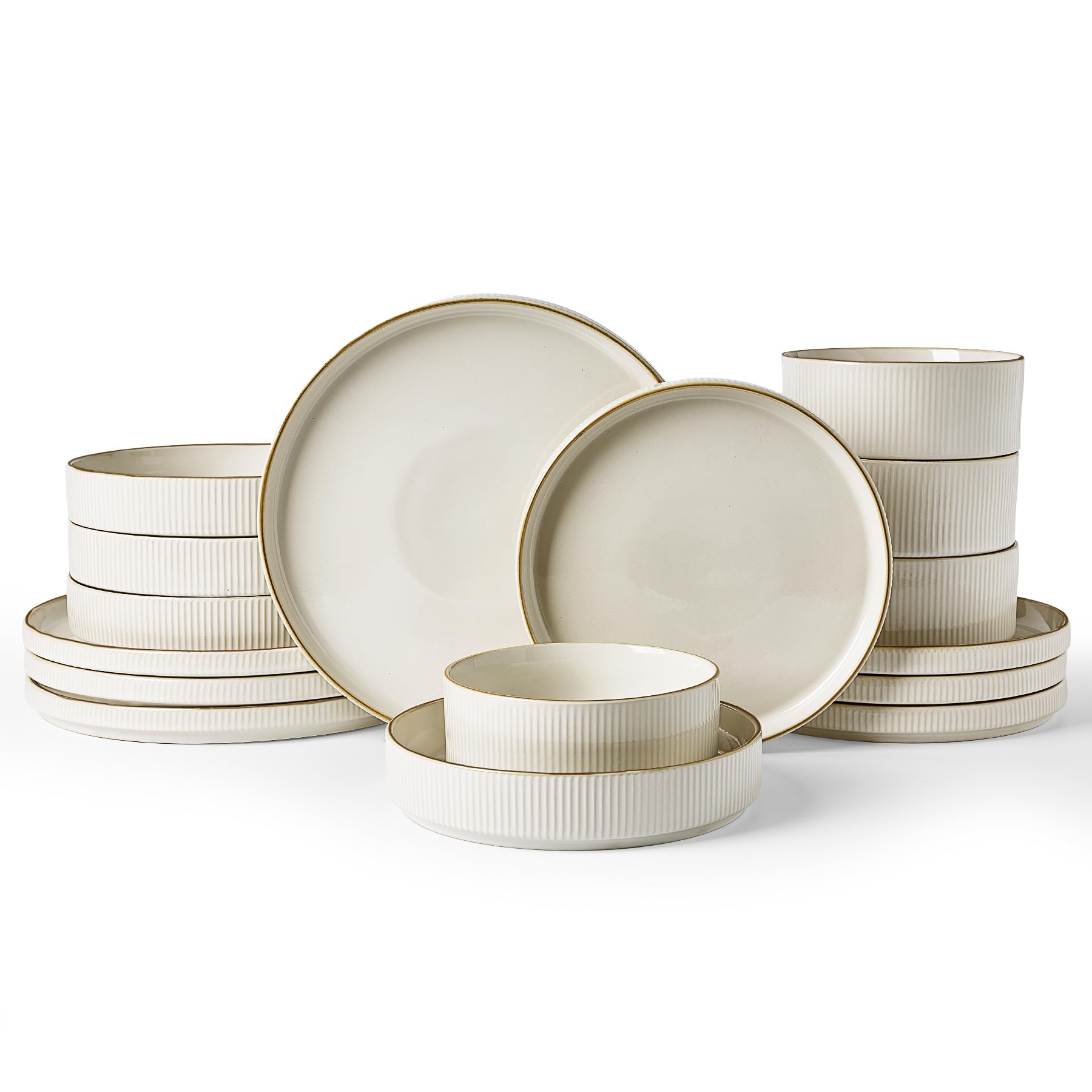 Famiware Star Dinnerware Set with Pasta Bowls, Service for 4 (16pcs), Ribbed Stoneware Plates and Bowls Dishes Sets with Trim - Chip & Scratch Resistant, Microwave & Dishwasher Safe, White Image