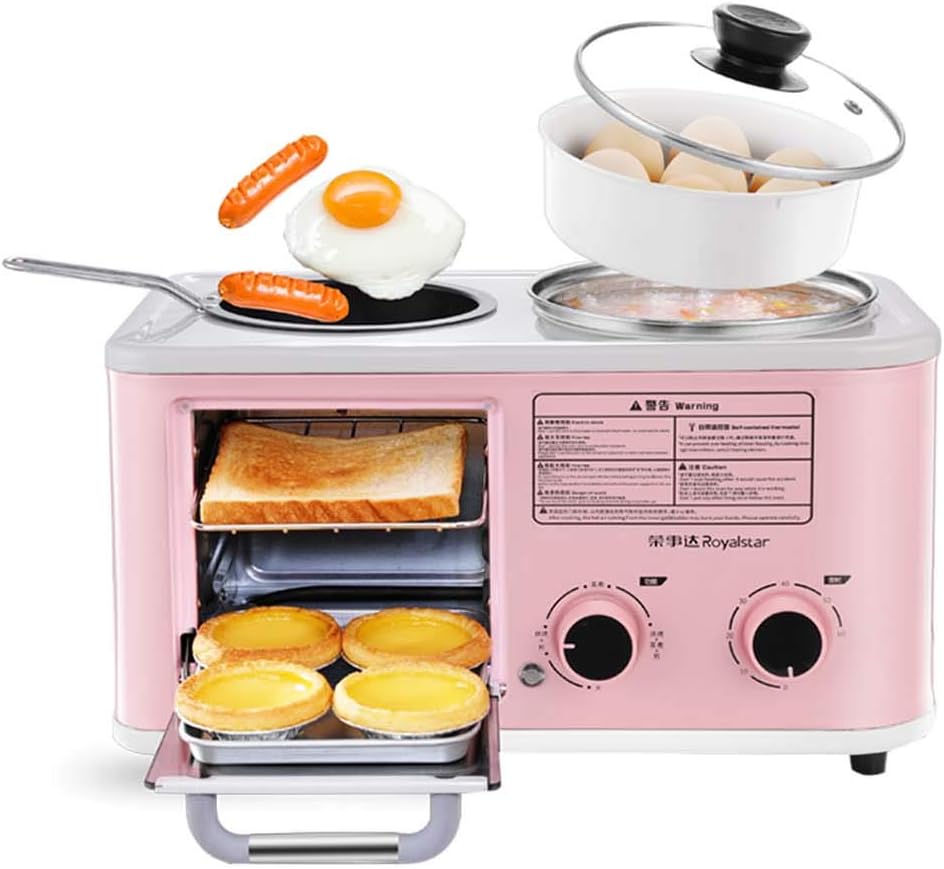 JINRU Electric 3 in 1 Household Breakfast Machine Mini Bread Toaster Baking Oven Omelette Frying Pan Cooking Pot Food Steamer,Pink
