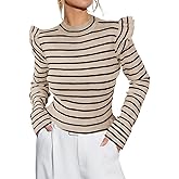 Ezbelle Women's Long Sleeve Ruffle Shirts Striped Rib Knit Blouse Slim Casual Office Trendy Fall Spring Tops 2026