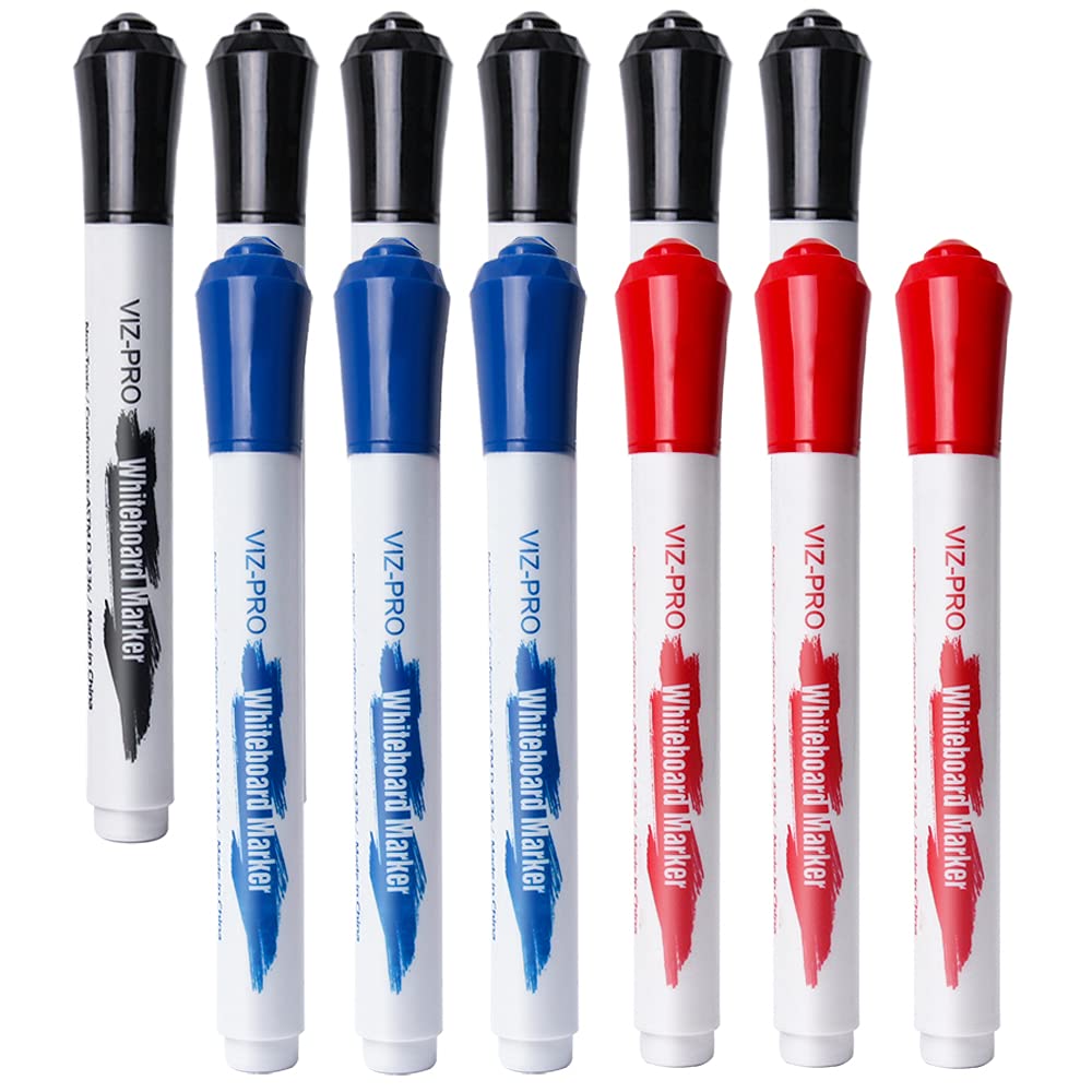 VIZ-PRO Dry Erase Markers, Fine Bullet Tip, 3 Assorted Colors, 12-Count Low-Odor Whiteboard Pens