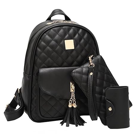 Vbiger Rucksack Damen PU Leder Elegant Daypack Schultertasche 3 in 1 Kleiner Rucksack Set Schwarz
