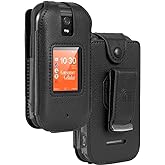 Fitted Series for Consumer Cellular Iris Flip Phone Case - Black | Vegan Leather, Form-Fit Cover, with Built-In Screen Protection, Keypad Guard, Rotating Metal Belt Clip, For for SH3320 (2023)