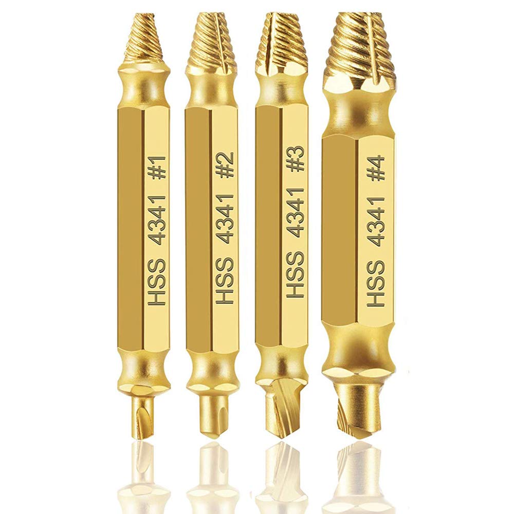 Loboo Idea Speed Out Screw Extractor Drill Bits Tool Set Broken Damaged Bolt Remover Guide Set Broken Easy Out Fastener Kit (4 Pieces HSS 4341#, Gold)