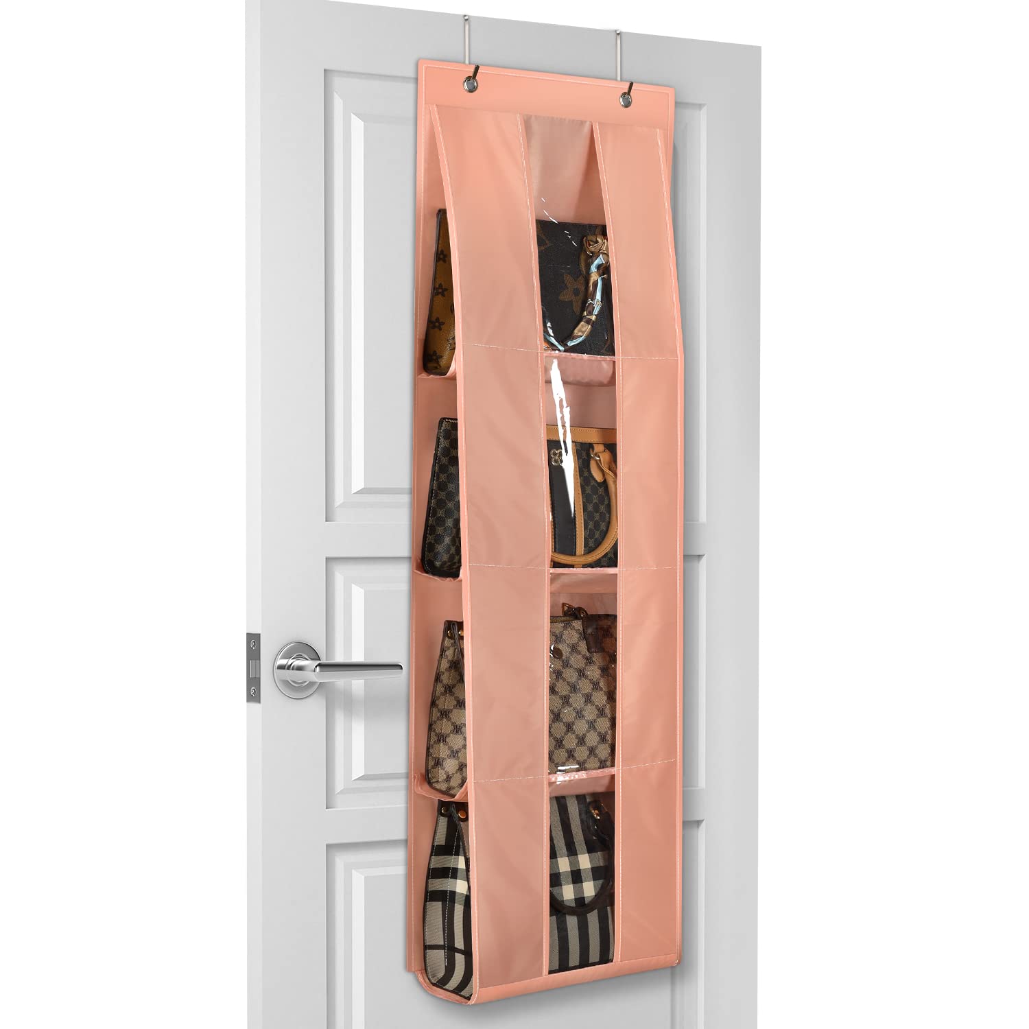 Lirex Handbag Storage Organiser, Over Door Purse Organizer Hanging Bag Hanger with 4 Clear Pockets Foldable Scarf Umbrella Handbag Hanging Storage for Family Closet Bedroom, Universal Fit, Light Pink