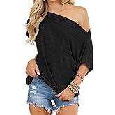 REVETRO Womens Sexy Off The Shoulder Tops Summer Short Batwing Sleeve Loose T-Shirts