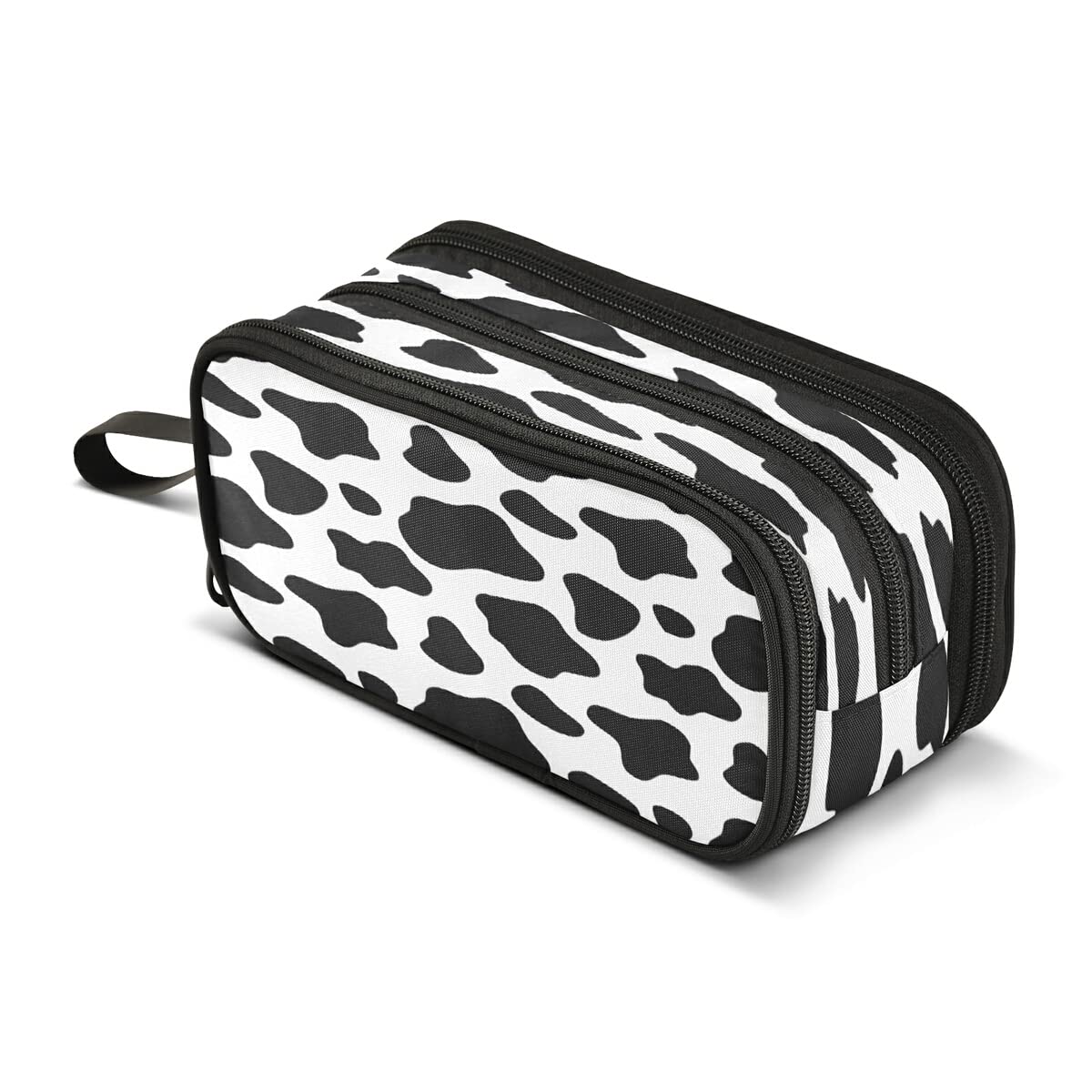 Big Capacity Pencil Case Black and White Cow Print 3 Compartment Pen Bag Pouch Holder Box for Office College School Portable Storage Bag for Kids