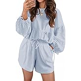 Tankaneo Womens 2 Piece Outfits Lounge Sets Puff Long Sleeve Bubble Tops and Elastic Drawstring Loose Shorts Matching Set