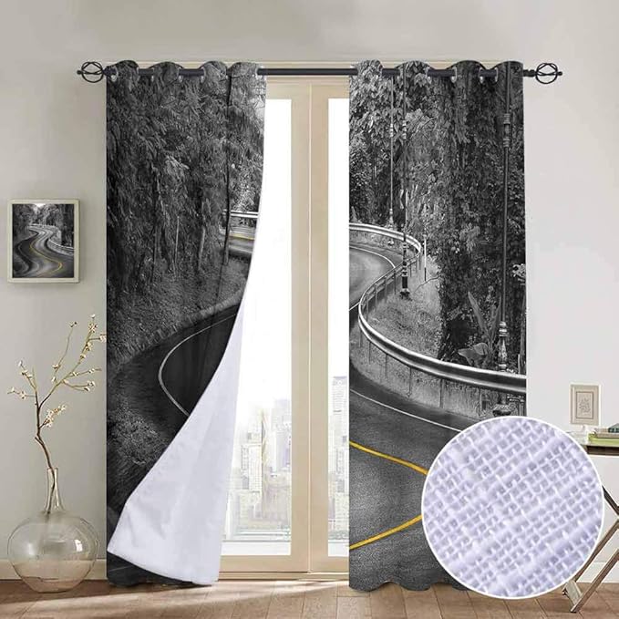 Cortina de color blanco y negro con diseño de asfalto curvado con línea