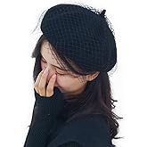 CRIZAN Women's Fur Beret for Ladies Wool French Beret Solid Color Beanie Cap Hat with Netting (Black)