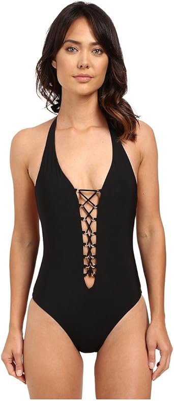 Red Carter Women S Splice Dice Plunge Lace Up One Piece Swimsuit At Amazon Women S Clothing Store