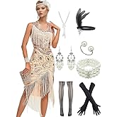 YACHARM 1920s Flapper Gatsby Sequined Beads Peacock Pattern for Women Long Fringed Art Deco Dress w/ 20s Accessories set