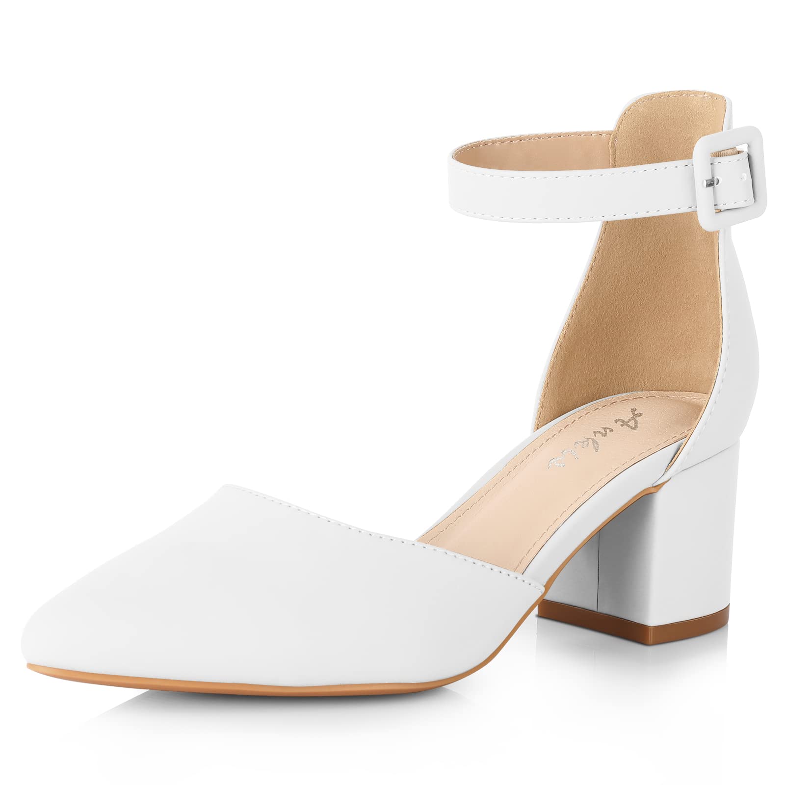 Photo 1 of Ankis Closed Toe Heels for Women -White Pointed Toe Heels Low Block Chunky Women Pumps with Ankle Strap -2.25 Inch