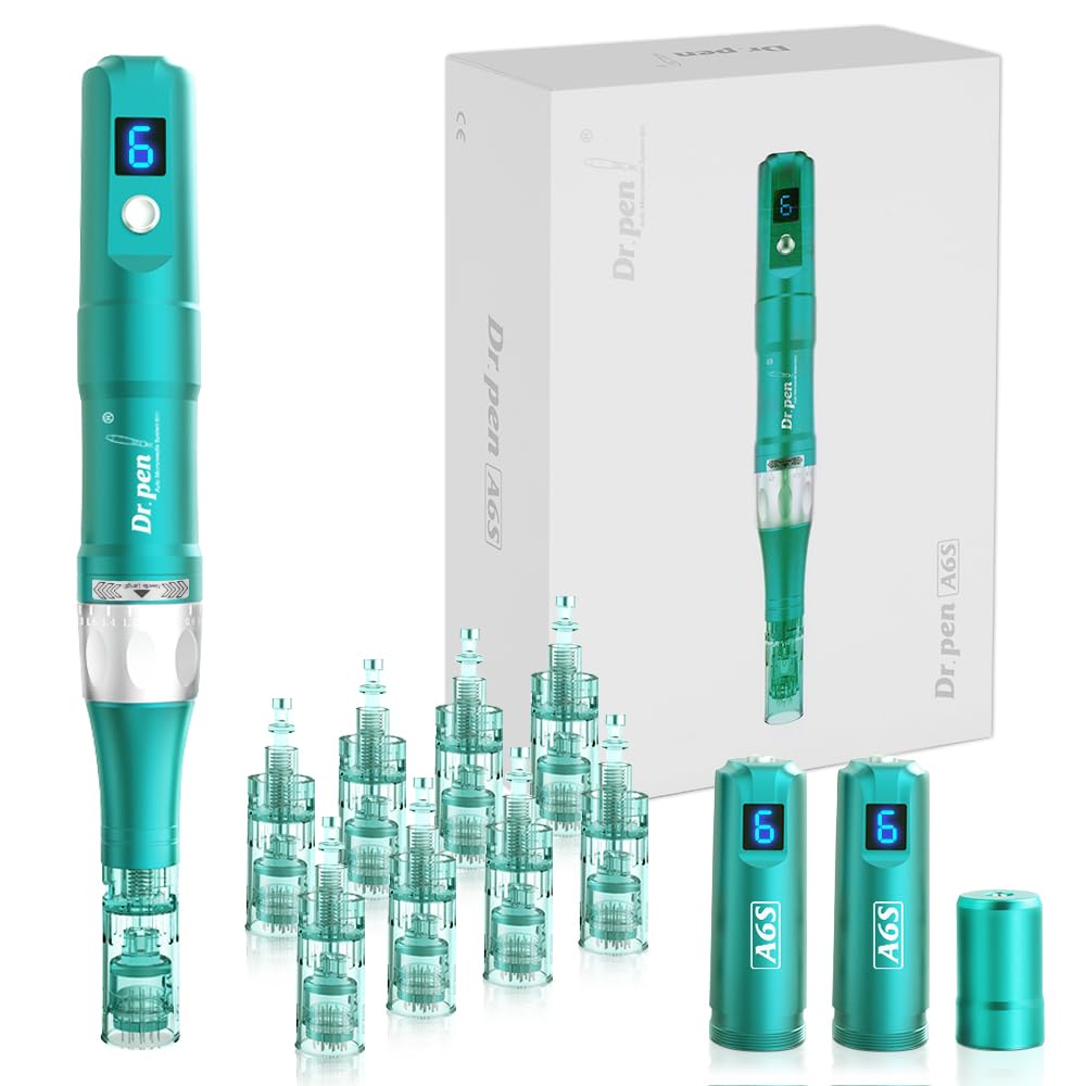 Dr.pen Microneedling, Professional Dermapen A6S Wireless Derma Roller Pen with 8pcs 16PIN 36PIN Replacement Cartridges Needles, 6 Speed Levels 0.25-2.5mm Adjustable