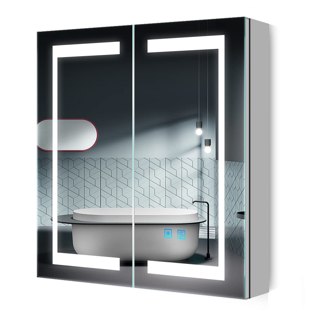 Quavikey® LED Bathroom Mirror Cabinet with Shaver Socket and Defogger for Bathroom,Living room, 3 Color Dimmable Lighting for Makeup and Shaving, Adjustable Interior Shelf,63 x 65CM
