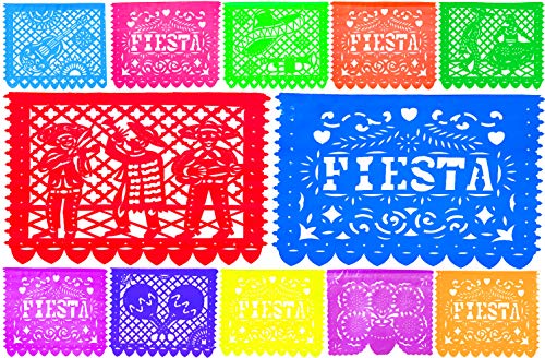 Papel Picado for Mexican Party Decorations - 12 panel multi-colored high quality plastic banner - perfect for fiesta celebration cinco de mayo and coco theme party, best in fiesta party supplies- By FiestaMex