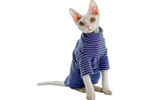 KITIPCOO Sphynx Cats Warm Fleece Shirt Cat Turtleneck Undershirt Thermal Hairless Cat Clothes for Sphynx, Devon, Cornish Cat Clothes and Small Kitten and Dogs (Violet Stripe, Small)