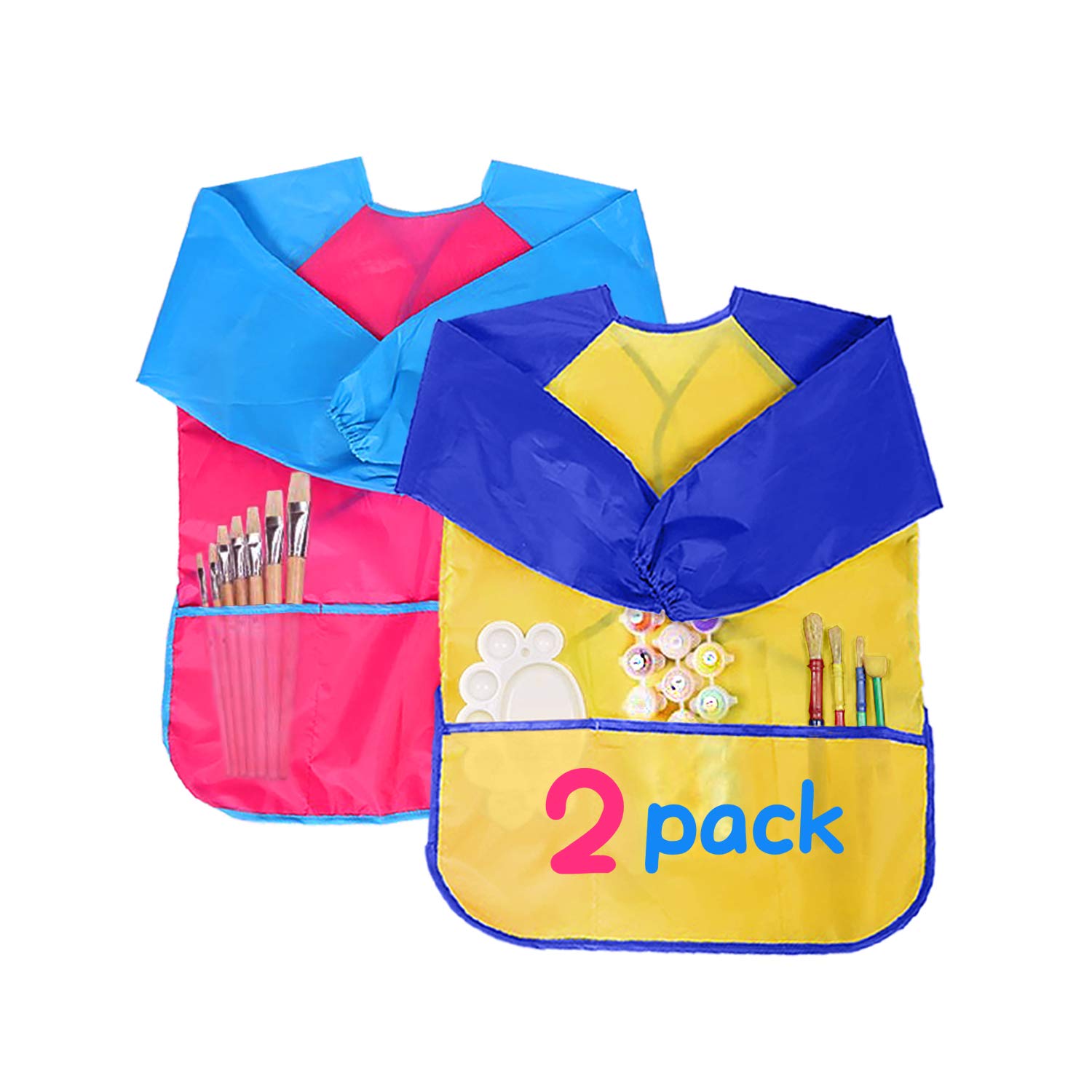 XCOZU 2 Pack Kids Aprons for Painting, Children's Artist Painting Smocks with Long Sleeve & 3 Convenient Pockets, Kids Art Smock Childrens Toddler Waterproof Play Apron for Daily Activities