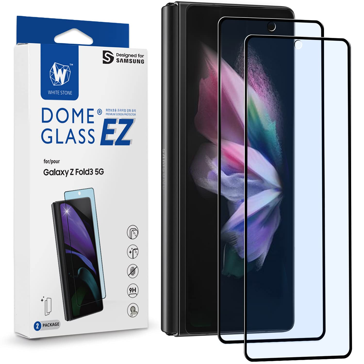 DOME GLASS Whitestone 2PACK EZ GLASS Screen Protector for Galaxy Z Fold 3 2021, Full Coverage Tempered Glass Shield [Easy Install] - Two Pack